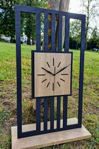 DUŻY, MINIMALISTYCZNY, NOWOCZESNY ZEGAR ŚCIENNY, LAMELE, INDUSTRIALNY, GEOMETRYCZNY, DO SALONU, MINIMALISTYCZNY, LOFT, HANDMADE, DREWNIANY, 35 x 60 cm, PIONOWY, CZARNY/ DĄB SONOMA, CICHY