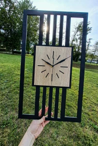 DUŻY, MINIMALISTYCZNY, NOWOCZESNY ZEGAR ŚCIENNY, LAMELE, INDUSTRIALNY, GEOMETRYCZNY, DO SALONU, MINIMALISTYCZNY, LOFT, HANDMADE, DREWNIANY, 35 x 60 cm, PIONOWY, CZARNY/ DĄB SONOMA, CICHY