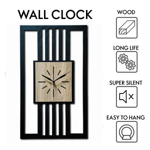 DUŻY, MINIMALISTYCZNY, NOWOCZESNY ZEGAR ŚCIENNY, LAMELE, INDUSTRIALNY, GEOMETRYCZNY, DO SALONU, MINIMALISTYCZNY, LOFT, HANDMADE, DREWNIANY, 35 x 60 cm, PIONOWY, CZARNY/ DĄB SONOMA, CICHY
