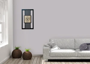 DUŻY, MINIMALISTYCZNY, NOWOCZESNY ZEGAR ŚCIENNY, LAMELE, INDUSTRIALNY, GEOMETRYCZNY, DO SALONU, MINIMALISTYCZNY, LOFT, HANDMADE, DREWNIANY, 35 x 60 cm, PIONOWY, CZARNY/ DĄB SONOMA, CICHY