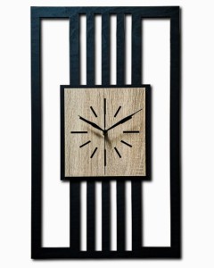 DUŻY, MINIMALISTYCZNY, NOWOCZESNY ZEGAR ŚCIENNY, LAMELE, INDUSTRIALNY, GEOMETRYCZNY, DO SALONU, MINIMALISTYCZNY, LOFT, HANDMADE, DREWNIANY, 35 x 60 cm, PIONOWY, CZARNY/ DĄB SONOMA, CICHY