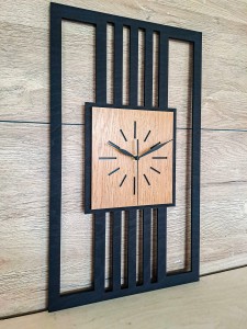 DUŻY, MINIMALISTYCZNY, NOWOCZESNY ZEGAR ŚCIENNY, LAMELE, INDUSTRIALNY, GEOMETRYCZNY, DO SALONU, MINIMALISTYCZNY, LOFT, HANDMADE, DREWNIANY, 35 x 60 cm, PIONOWY, CZARNY/ DĄB ZŁOTY, CICHY