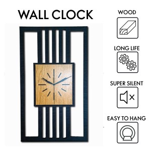 DUŻY, MINIMALISTYCZNY, NOWOCZESNY ZEGAR ŚCIENNY, LAMELE, INDUSTRIALNY, GEOMETRYCZNY, DO SALONU, MINIMALISTYCZNY, LOFT, HANDMADE, DREWNIANY, 35 x 60 cm, PIONOWY, CZARNY/ DĄB ZŁOTY, CICHY