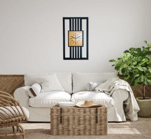DUŻY, MINIMALISTYCZNY, NOWOCZESNY ZEGAR ŚCIENNY, LAMELE, INDUSTRIALNY, GEOMETRYCZNY, DO SALONU, MINIMALISTYCZNY, LOFT, HANDMADE, DREWNIANY, 35 x 60 cm, PIONOWY, CZARNY/ DĄB ZŁOTY, CICHY