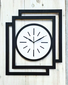 DUŻY, NOWOCZESNY, DEKORACYJNY ZEGAR ŚCIENNY, INDUSTRIALNY, GEOMETRYCZNY, DO SALONU, MINIMALISTYCZNY, LOFT, HANDMADE, DREWNIANY, CZARNY/ BIAŁY, CICHY 