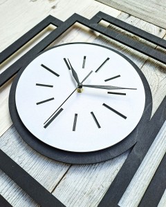 DUŻY, NOWOCZESNY, DEKORACYJNY ZEGAR ŚCIENNY, INDUSTRIALNY, GEOMETRYCZNY, DO SALONU, MINIMALISTYCZNY, LOFT, HANDMADE, DREWNIANY, CZARNY/ BIAŁY, CICHY 