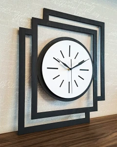 DUŻY, NOWOCZESNY, DEKORACYJNY ZEGAR ŚCIENNY, INDUSTRIALNY, GEOMETRYCZNY, DO SALONU, MINIMALISTYCZNY, LOFT, HANDMADE, DREWNIANY, CZARNY/ BIAŁY, CICHY 