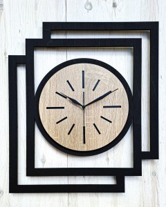 DUŻY, NOWOCZESNY, DEKORACYJNY ZEGAR ŚCIENNY, INDUSTRIALNY, GEOMETRYCZNY, DO SALONU, MINIMALISTYCZNY, LOFT, HANDMADE, DREWNIANY, CZARNY/ DĄB SONOMA, CICHY 