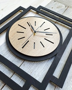 DUŻY, NOWOCZESNY, DEKORACYJNY ZEGAR ŚCIENNY, INDUSTRIALNY, GEOMETRYCZNY, DO SALONU, MINIMALISTYCZNY, LOFT, HANDMADE, DREWNIANY, CZARNY/ DĄB SONOMA, CICHY 