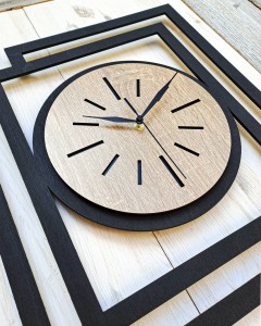 DUŻY, NOWOCZESNY, DEKORACYJNY ZEGAR ŚCIENNY, INDUSTRIALNY, GEOMETRYCZNY, DO SALONU, MINIMALISTYCZNY, LOFT, HANDMADE, DREWNIANY, CZARNY/ DĄB SONOMA, CICHY 