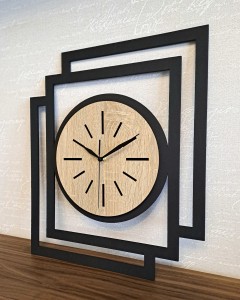 DUŻY, NOWOCZESNY, DEKORACYJNY ZEGAR ŚCIENNY, INDUSTRIALNY, GEOMETRYCZNY, DO SALONU, MINIMALISTYCZNY, LOFT, HANDMADE, DREWNIANY, CZARNY/ DĄB SONOMA, CICHY 