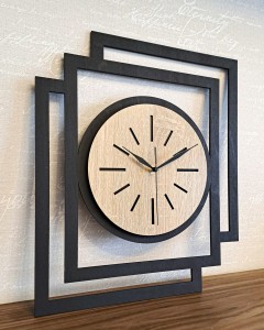 DUŻY, NOWOCZESNY, DEKORACYJNY ZEGAR ŚCIENNY, INDUSTRIALNY, GEOMETRYCZNY, DO SALONU, MINIMALISTYCZNY, LOFT, HANDMADE, DREWNIANY, CZARNY/ DĄB SONOMA, CICHY 