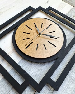 DUŻY, NOWOCZESNY, OZDOBNY, ZEGAR NA ŚCIANĘ, INDUSTRIALNY, GEOMETRYCZNY, DO SALONU, DO KUCHNI,MINIMALISTYCZNY, LOFT, HANDMADE, DREWNIANY, CZARNY/ DĄB ZŁOTY, CICHY 