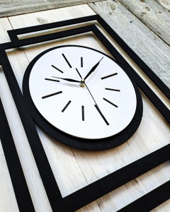 DUŻY, NOWOCZESNY, DEKORACYJNY ZEGAR NA ŚCIANĘ, OWAL, INDUSTRIALNY, GEOMETRYCZNY, DO SALONU, DO KUCHNI,MINIMALISTYCZNY, LOFT, HANDMADE, DREWNIANY, CZARNY/BIAŁY, CICHY