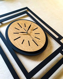 DUŻY, NOWOCZESNY, OZDOBNY ZEGAR ŚCIENNY, OWAL, INDUSTRIALNY, GEOMETRYCZNY, DO SALONU, DO KUCHNI,MINIMALISTYCZNY, LOFT, HANDMADE, DREWNIANY, CZARNY/DĄB ZŁOTY, CICHY 
