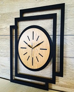 DUŻY, NOWOCZESNY, OZDOBNY ZEGAR ŚCIENNY, OWAL, INDUSTRIALNY, GEOMETRYCZNY, DO SALONU, DO KUCHNI,MINIMALISTYCZNY, LOFT, HANDMADE, DREWNIANY, CZARNY/DĄB ZŁOTY, CICHY 