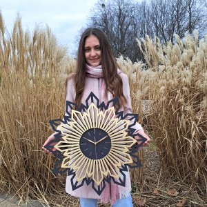 DUŻY, DEKORACYJNY ZEGAR GLAMOUR,  CZARNO - ZŁOTY SŁOŃCE, SUNBURST, 3 ROZMIARY