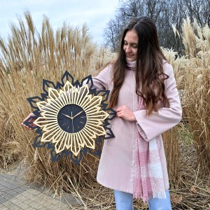 DUŻY, DEKORACYJNY ZEGAR GLAMOUR,  CZARNO - ZŁOTY SŁOŃCE, SUNBURST, 3 ROZMIARY