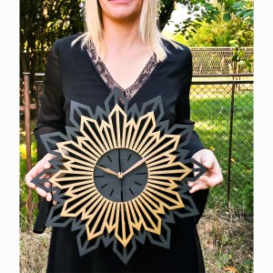 DUŻY, DEKORACYJNY ZEGAR GLAMOUR,  CZARNO - ZŁOTY SŁOŃCE, SUNBURST, 3 ROZMIARY