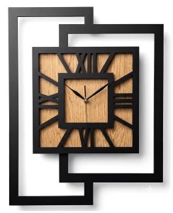 DUŻY, NOWOCZESNY ZEGAR ŚCIENNY,GEOMETRYCZNY,  MINIMALISTYCZNY, LOFT, HANDMADE, DREWNO, DĄB ZŁOTY,  CYFRY RZYMSKIE, 44 x 56 cm   