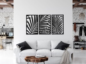 DEKORACYJNY TRYPTYK AŻUROWY, PALMY, DŻUNGLA, TROPIKI, DEKORACJA ŚCIENNA 3D, ORNAMENT, 78 x 140 cm, CZARNY