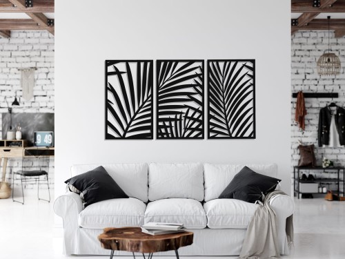 DEKORACYJNY TRYPTYK AŻUROWY, PALMY, DŻUNGLA, TROPIKI, DEKORACJA ŚCIENNA 3D, ORNAMENT, 78 x 140 cm, CZARNY
