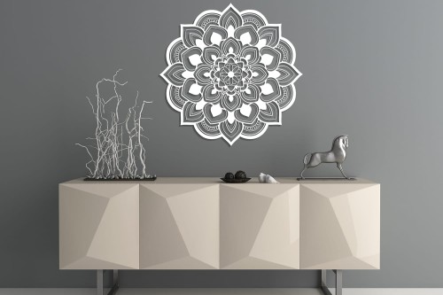 AŻUROWY PANEL DEKORACYJNY, MANDALA, KWIAT, DEKORACJA ŚCIENNA 3D, ORNAMENT, 60 cm, BIAŁY