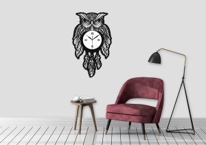 DEKORACYJNY, AŻUROWY ZEGAR ŚCIENNY, SOWA, ŁAPACZ SNÓW,BOHO DESIGN