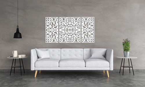 DEKORACYJNY TRYPTYK AŻUROWY, KWIATOWA ORNAMENTYKA, DEKORACJA ŚCIENNA 3D, 80 x 150 cm, BIAŁY