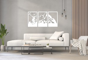 DEKORACYJNY TRYPTYK AŻUROWY,JELEŃ, GÓRY,  DEKORACJA ŚCIENNA 3D, ORNAMENT, 80 x 140 cm, BIAŁY