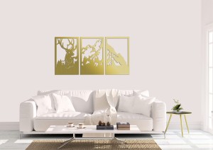 DEKORACYJNY TRYPTYK AŻUROWY,JELEŃ, GÓRY,  DEKORACJA ŚCIENNA 3D, ORNAMENT, 80 x 140 cm, BIAŁY