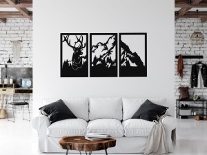 DEKORACYJNY TRYPTYK AŻUROWY,JELEŃ, GÓRY,  DEKORACJA ŚCIENNA 3D, ORNAMENT, 80 x 140 cm, BIAŁY