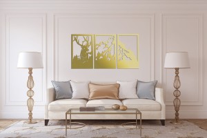 DEKORACYJNY TRYPTYK AŻUROWY,JELEŃ, GÓRY,  DEKORACJA ŚCIENNA 3D, ORNAMENT, 80 x 140 cm, BIAŁY