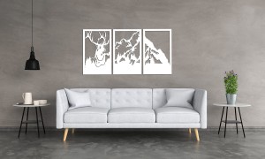 DEKORACYJNY TRYPTYK AŻUROWY,JELEŃ, GÓRY,  DEKORACJA ŚCIENNA 3D, ORNAMENT, 80 x 140 cm, BIAŁY