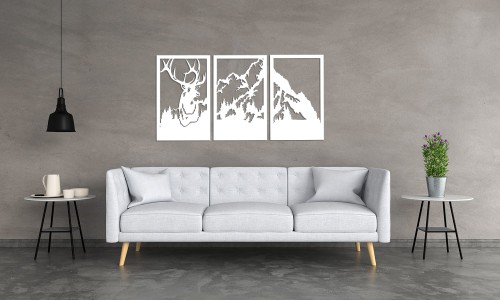 DEKORACYJNY TRYPTYK AŻUROWY,JELEŃ, GÓRY,  DEKORACJA ŚCIENNA 3D, ORNAMENT, 80 x 140 cm, BIAŁY