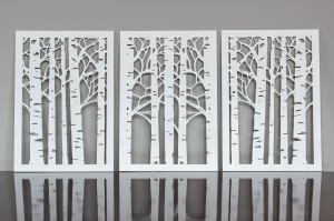 DEKORACYJNE PANELE AŻUROWE, TRYPTYK, BRZOZY, LAS, AŻUROWA DEKORACJA ŚCIENNA 3D, BIAŁY