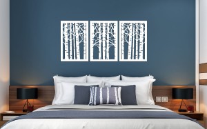 DEKORACYJNE PANELE AŻUROWE, TRYPTYK, BRZOZY, LAS, AŻUROWA DEKORACJA ŚCIENNA 3D, BIAŁY