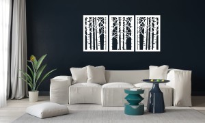 DEKORACYJNE PANELE AŻUROWE, TRYPTYK, BRZOZY, LAS, AŻUROWA DEKORACJA ŚCIENNA 3D, BIAŁY