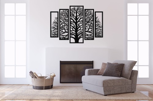 3D AŻUROWA DEKORACJA ŚCIENNA, DRZEWO ŻYCIA,  5 CZĘŚCI, PANELE AŻUROWE , CZARNY