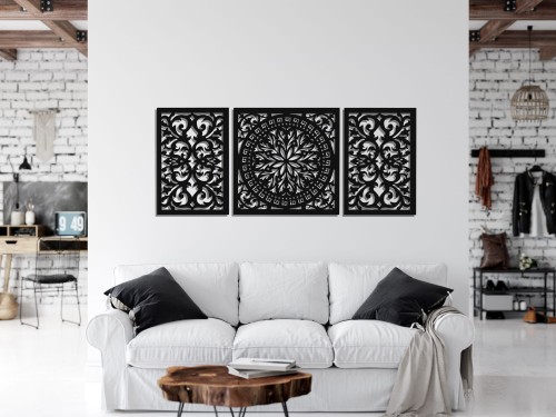 DEKORACYJNY OBRAZ AŻUROWY 3D, DEKORACJA ŚCIENNA, GIOVANNA, TRYPTYK, ORNAMENT, 70 x 168 cm , CZARNY