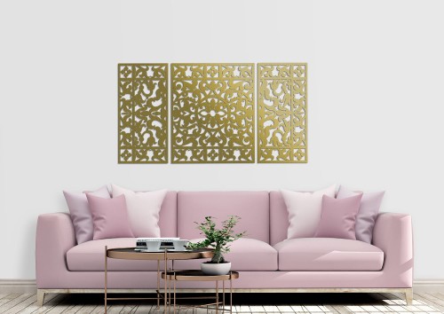 DEKORACYJNY TRYPTYK AŻUROWY, KWIATOWA ORNAMENTYKA, DEKORACJA ŚCIENNA 3D, 80 x 150 cm , ZŁOTY