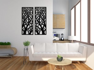 DEKORACYJNY, AŻUROWY PANEL ŚCIENNY, OBRAZ 3D, DRZEWA PIONOWE, 42 x 105 cm, DYPTYK , CZARNY