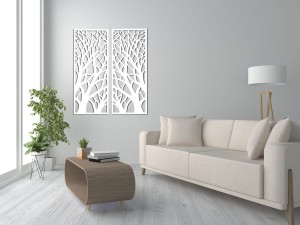 DEKORACYJNY, AŻUROWY PANEL ŚCIENNY, OBRAZ 3D, DRZEWA PIONOWE, 42 x 105 cm, DYPTYK , CZARNY