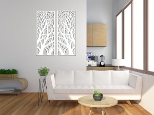 DEKORACYJNY, AŻUROWY PANEL ŚCIENNY, OBRAZ 3D, DRZEWA PIONOWE, 42 x 105 cm, DYPTYK, ZŁOTY 