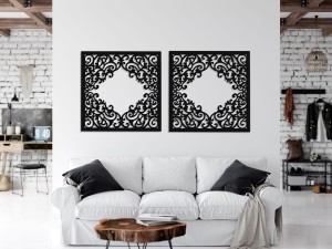 DEKORACYJNY PANEL AŻUROWY, FLOREALI, DEKORACJA ŚCIENNA 3D, ORNAMENT, DYPTYK, CZARNY 