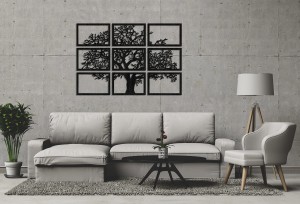 DEKORACYJNY TRYPTYK AŻUROWY, DRZEWO ŻYCIA, DEKORACJA ŚCIENNA 3D, MOZAIKA, ORNAMENT, 90 x 132 cm , CZARNY