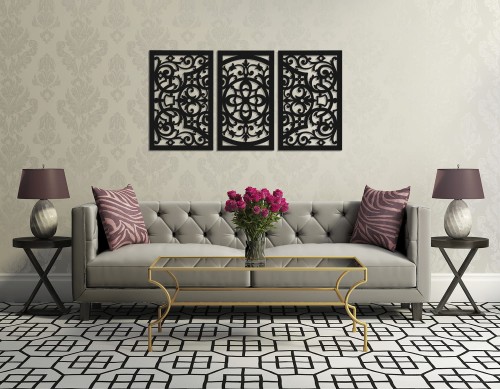 DEKORACYJNY TRYPTYK AŻUROWY, FLORELLE, DEKORACJA ŚCIENNA 3D,  ORNAMENT, 80 x 150 cm, CZARNY