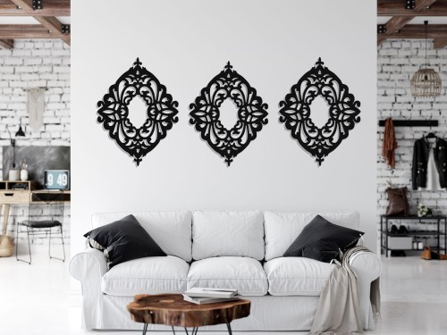 DEKORACYJNY PANEL AŻUROWY, SANTILLANE, DEKORACJA ŚCIENNA 3D, ORNAMENT, TRYPTYK , CZARNY