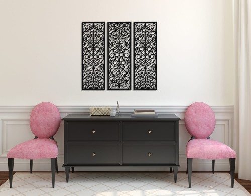AŻUROWY TRYPTYK DEKORACYJNY, ALESSANDRIA, VINTAGE, RETRO, PANELE AŻUROWE, ORNAMENT, DEKORACJA ŚCIENNA 3D, CZARNY