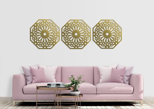 DEKORACYNY TRYPTYK MAROKAŃSKI, STYL MAROKAŃSKI, DEKORACJA ŚCIENNA 3D, ORNAMENT, ZŁOTY